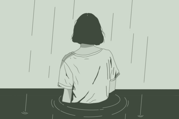 A woman who is standing waist deep in water, feeling overwhelmed. Someone who might be interested in exploring hypnosis for stress to feel relief.