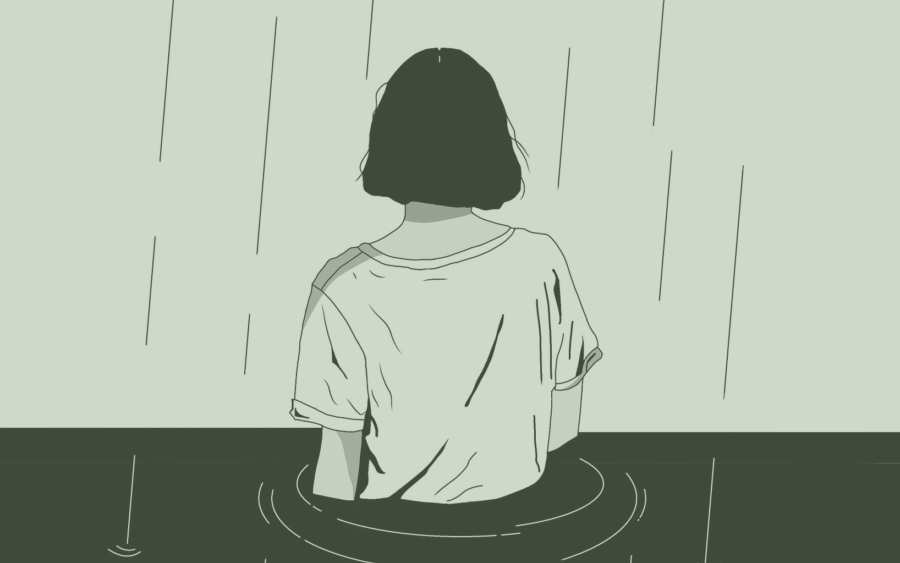 A woman who is standing waist deep in water, feeling overwhelmed. Someone who might be interested in exploring hypnosis for stress to feel relief.